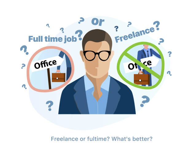 The employee must choose between remote work and full-time office work The employee must choose between remote work and full-time office work. Half-day work, freelance, full time. Choosing a company or project. Career. Illustration in a flat style. Editable objects Freelancing vs. Full-Time Employment stock illustrations